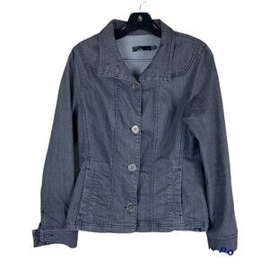 Prana Kara Dark Grey Denim Jean Jacket Size S EUC Button Front Collared Pockets